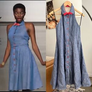 Annie50 Linen Chambray Button Front Halter Midi Dress